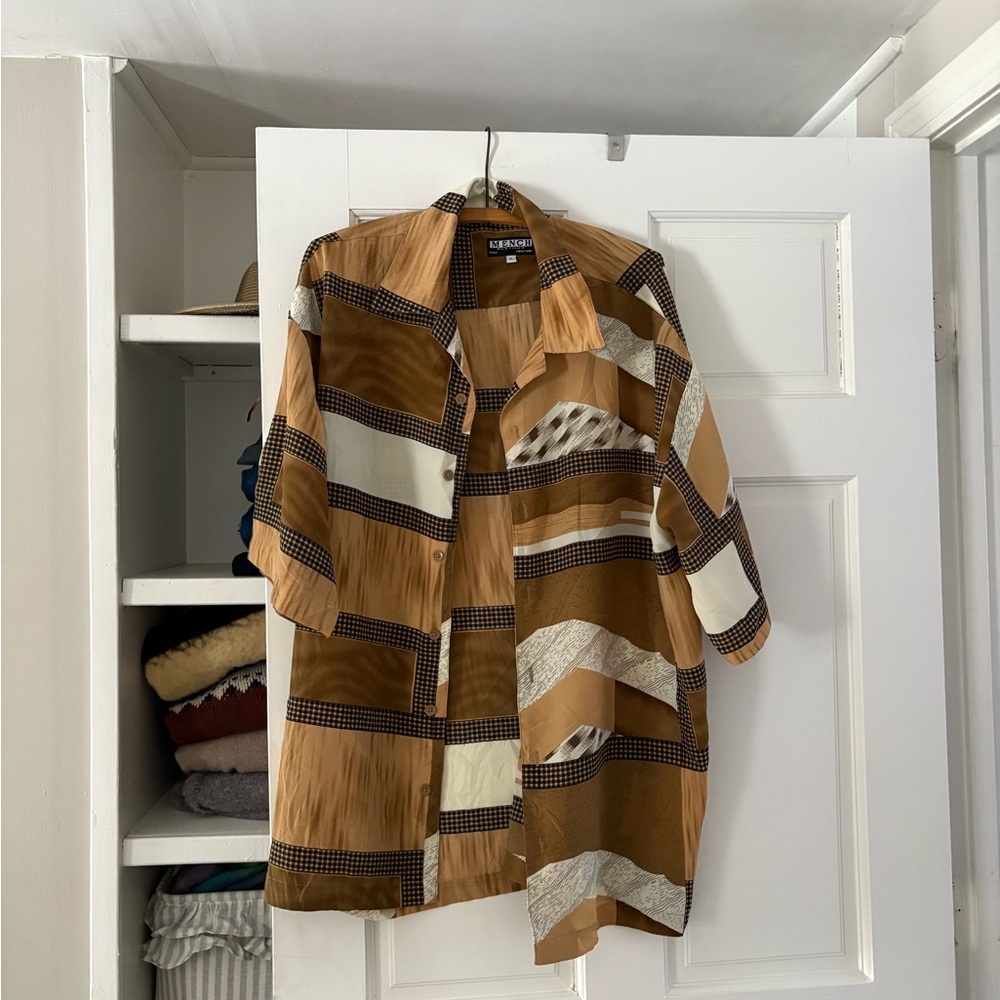 Casual Patchwork Button Down Shirt - Brown and Cream